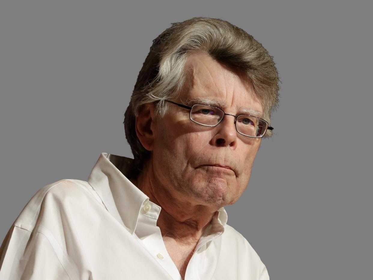 Stephen King headshot, writer, graphic element on gray