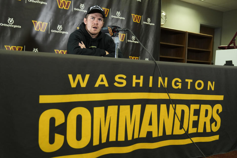 Washington Commanders quarterback Taylor Heinicke talks to reporters during an NFL football news conference in Ashburn, Va., Thursday, Nov. 10, 2022. (AP Photo/Manuel Balce Ceneta)