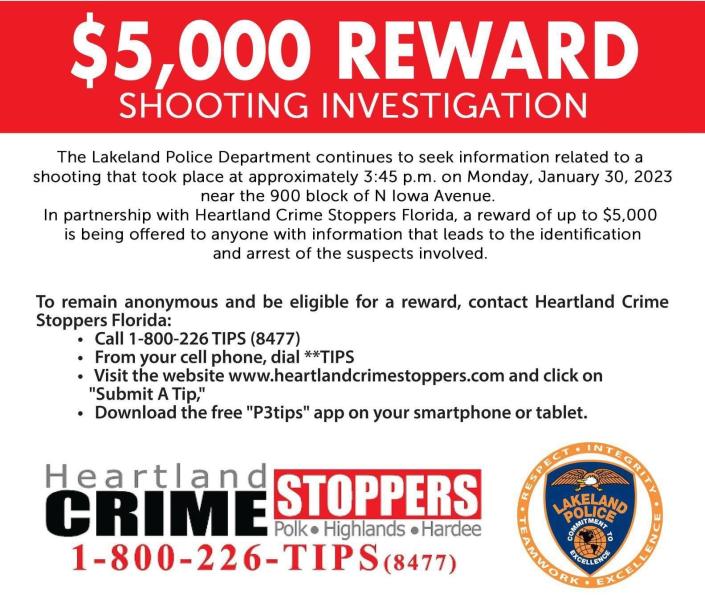 Reward offered for information about a shooting in Lakeland Jan. 30, 2023.