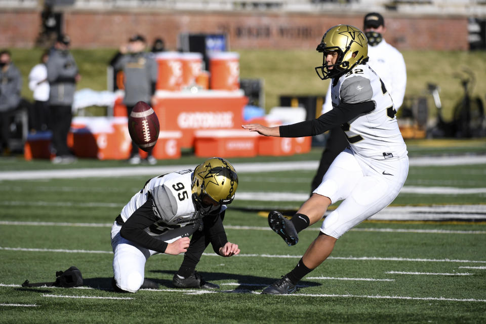 Vanderbilt place kicker Sarah Fuller warms up before the start of an NCAA college football game against Missouri Saturday, Nov. 28, 2020, in Columbia, Mo. (AP Photo/L.G. Patterson)