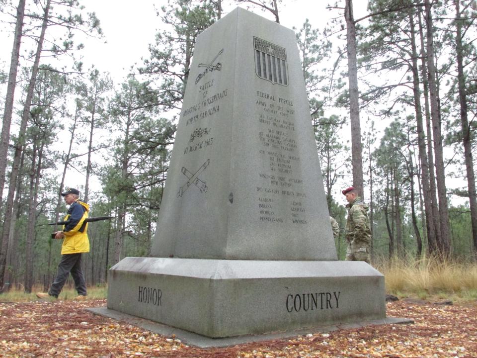 A marker sits at the site of the March 10, 1865, Battle of Monroe's Crossroads, which is located on present-day Fort Bragg.