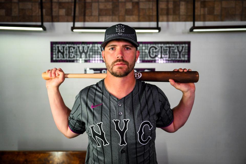 Pete Alonso showcases the New York Mets' City Connect uniforms which will be worn during the team's remaining 10 Saturday home games at Citi Field.