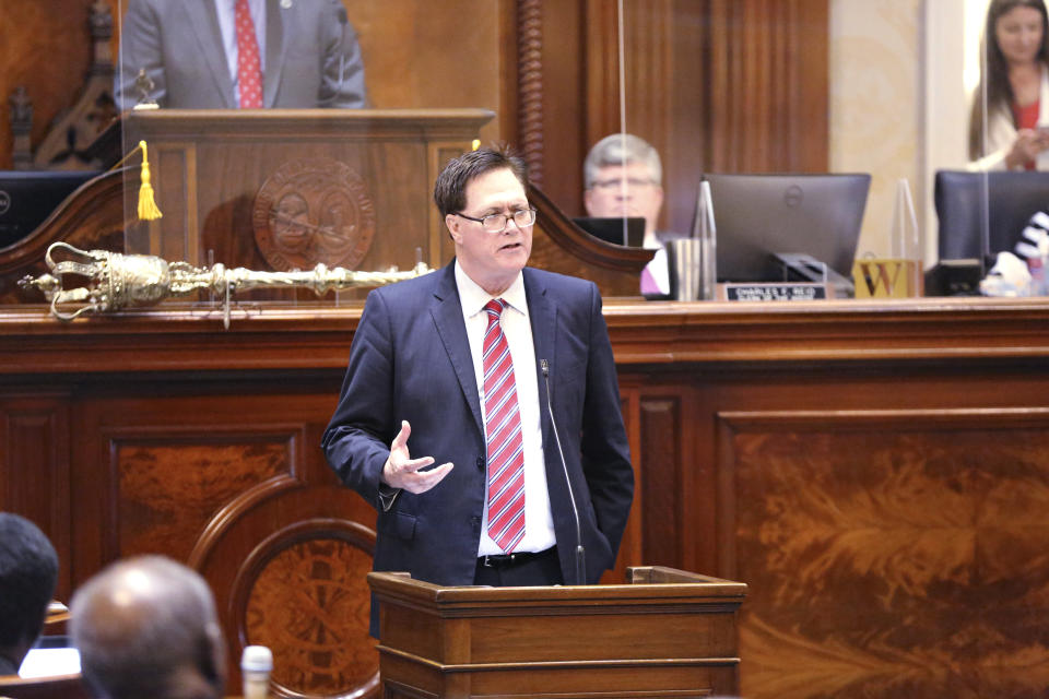 South Carolina House Speaker Jay Lucas, R-Hartsville, asks fellow House members to accept a compromise bill that would reform state-owned utility Santee Cooper on Tuesday, June 8, 2021, in Columbia, South Carolina. The bill unanimously passed the House and Senate without a provision to sell Santee Cooper. (AP Photo/Jeffrey Collins)