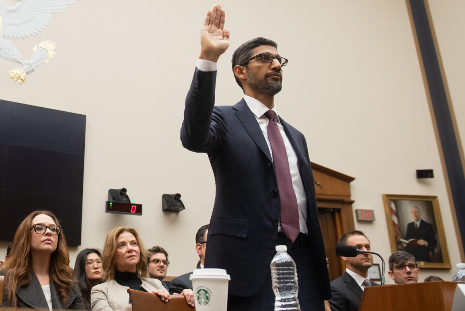 Google CEO Sundar Pichai is sworn in as he testifies during a House Judiciary Committee hearing on Capitol Hill in Washington, DC, December 11, 2018. - Google chief executive Sundar Pichai will be grilled by US lawmakers over allegations of "political bias" by the internet giant, concerns over data security and its domination of internet search. (Photo by SAUL LOEB / AFP)        (Photo credit should read SAUL LOEB/AFP/Getty Images)