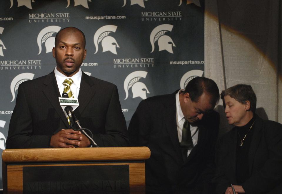 Alan Haller, then a member of MSU's police department and part of the search group that decided on Mark Dantonio as MSU's football coach, speaks at a 2006 press conference introducing Dantonio.