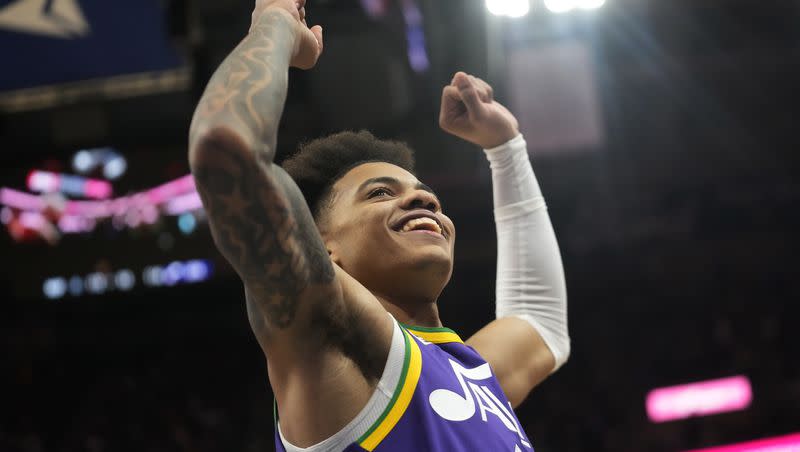 Utah Jazz guard Keyonte George reacts after the team’s victory over the New Orleans Pelicans in an NBA basketball game, Monday, Nov. 27, 2023, in Salt Lake City.