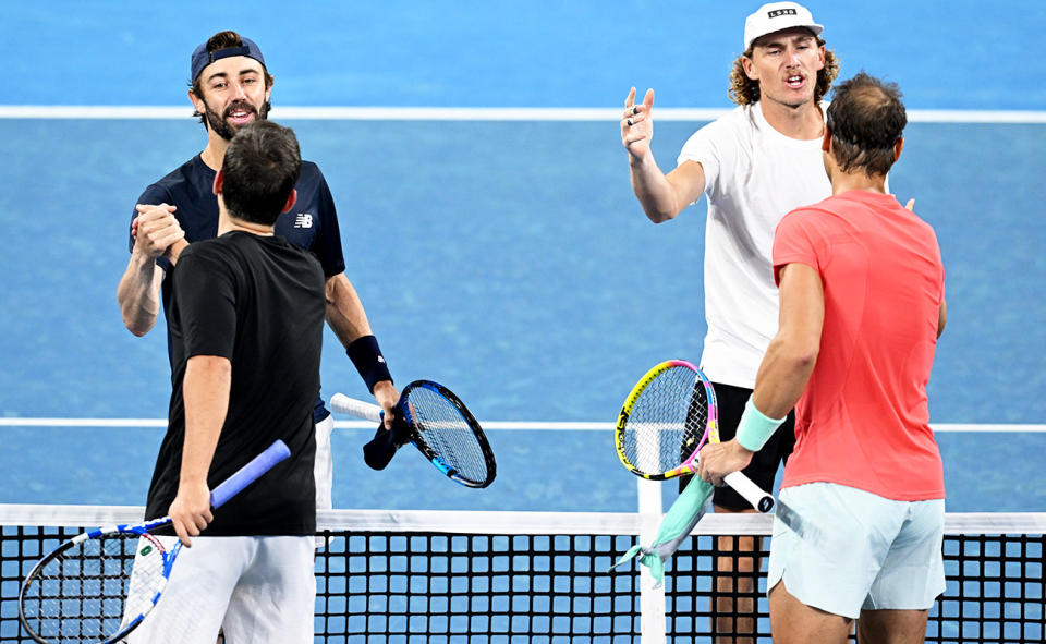 Jordan Thompson and Max Purcell, pictured here after beating Marc Lopez and Rafa Nadal.