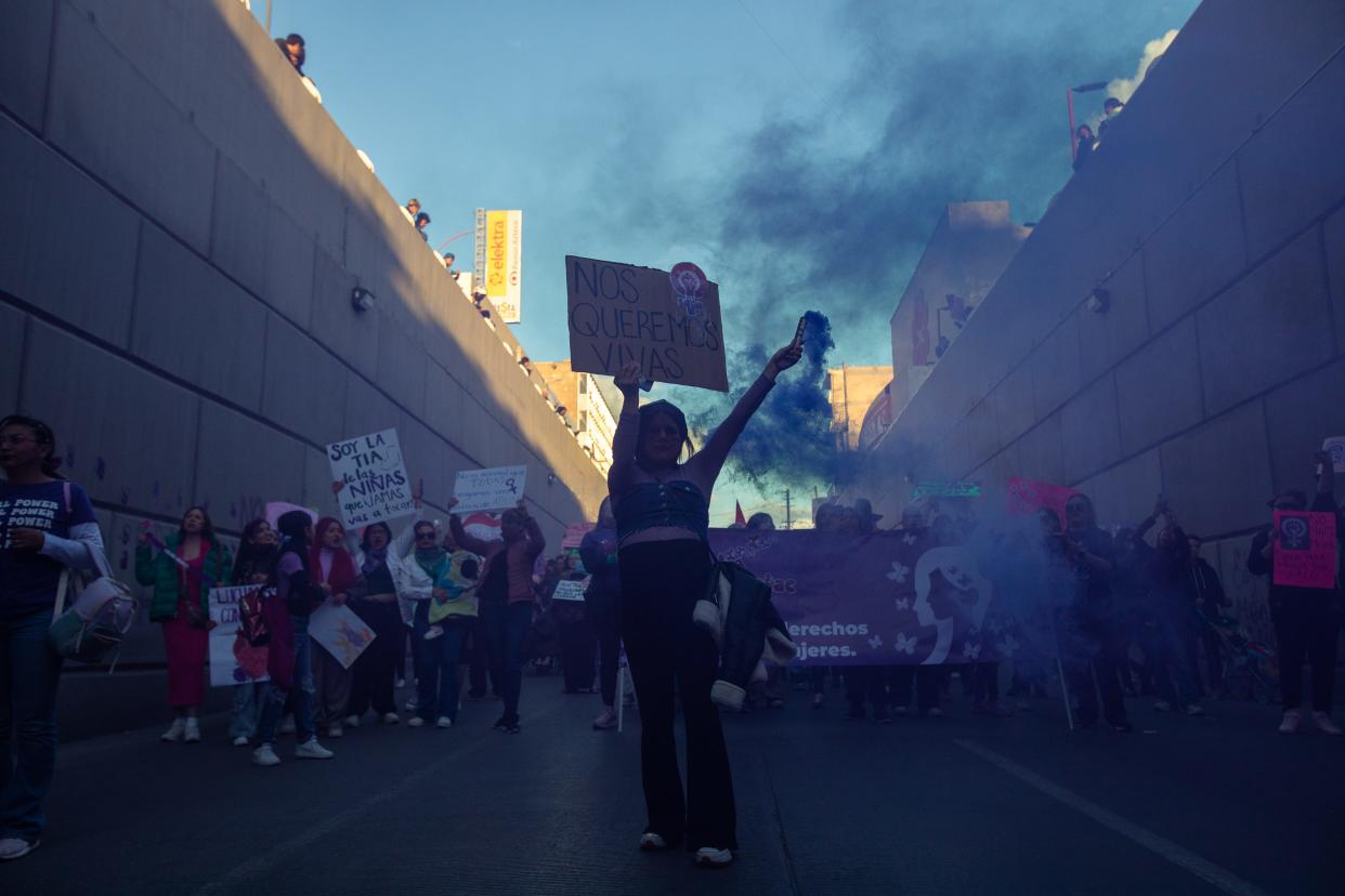 Protestors enter the 16 de Septiembre tunnel during a women's march in Ciudad Juárez, March 8, 2024, to mark International Day of the Woman. Family and friends continue to seek justice for women killed in femicides in the Borderland.