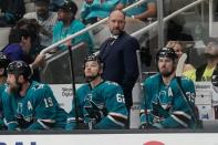 May 19, 2019; San Jose, CA, USA; San Jose Sharks manager Peter DeBoer reacts in the game against the St. Louis Blues during the third period in Game 5 of the Western Conference Final of the 2019 Stanley Cup Playoffs at SAP Center at San Jose. Mandatory Credit: Stan Szeto-USA TODAY Sports