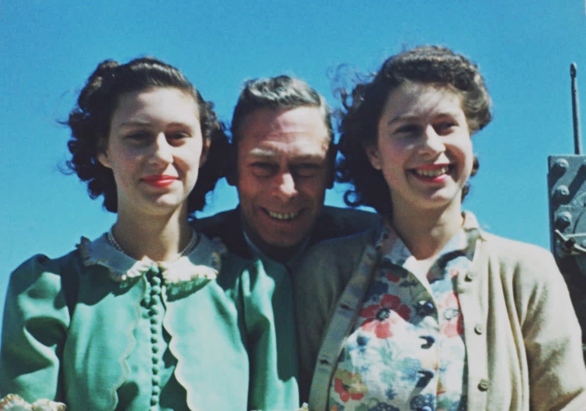 Photo from the BBC documentary, Elizabeth: The Unseen Queen of Princess Margaret and Princess Elizabeth with their beloved father King George VI onboard HMS Vanguard in 1947 (BBC/PA) (PA Media)