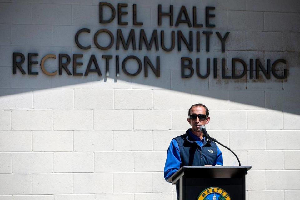 Merced County District 5 Supervisor Scott Silveira speaks during a groundbreaking ceremony for a project that calls for renovations to Del Hale Hall and the relocation of the Dos Palos branch of the Merced County Library at O’Banion Park in Dos Palos, Calif., on Wednesday, Aug. 2, 2023.