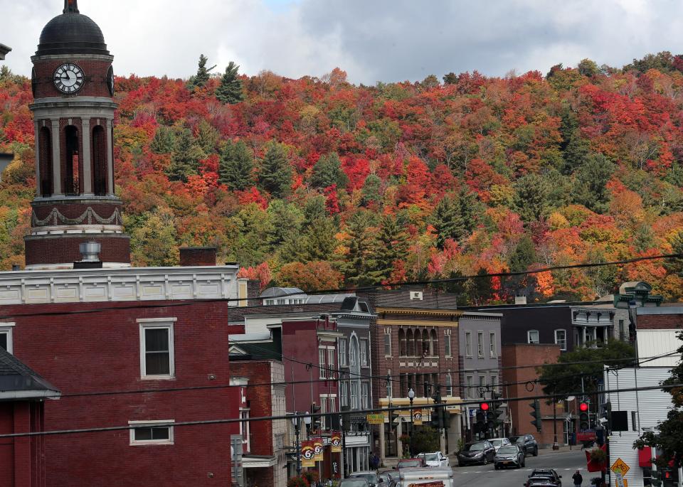 Main Street in downtown Saranac Lake as fall colors begin to peak in the northern Adirondack Mountains