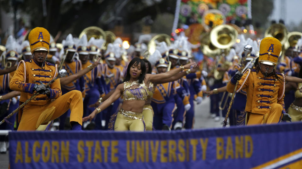 Members of the Alcorn State University Band march in the Krewe of Proteus Mardi Gras parade in New Orleans, Monday, Feb. 16, 2015. 