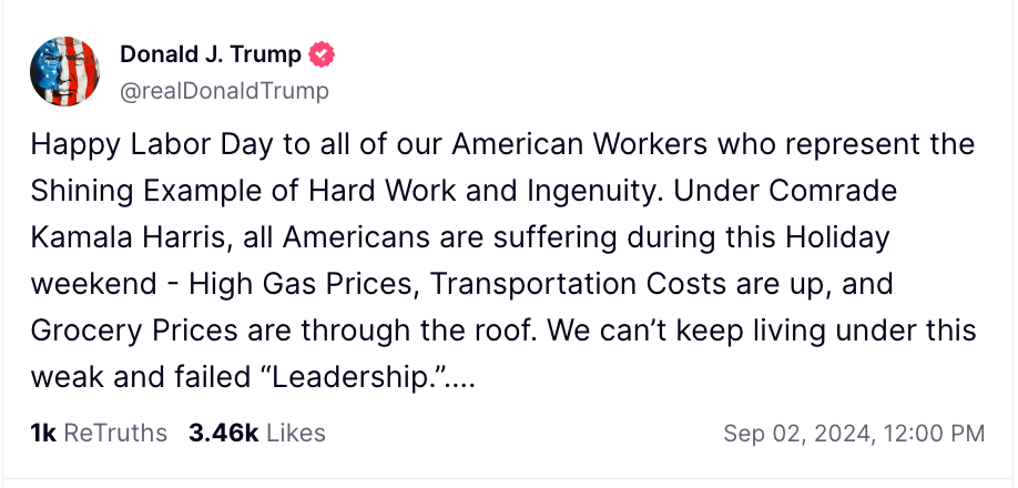 Trump takes aim at Harris in Labor Day post (@realDonaldTrump/ Truth Social)