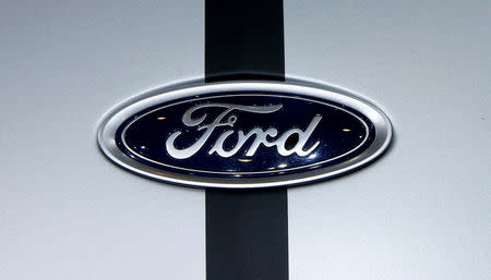 FILE PHOTO: The logo of Ford is seen during the 87th International Motor Show at Palexpo in Geneva, Switzerland March 8, 2017. REUTERS/Arnd Wiegmann/File Photo