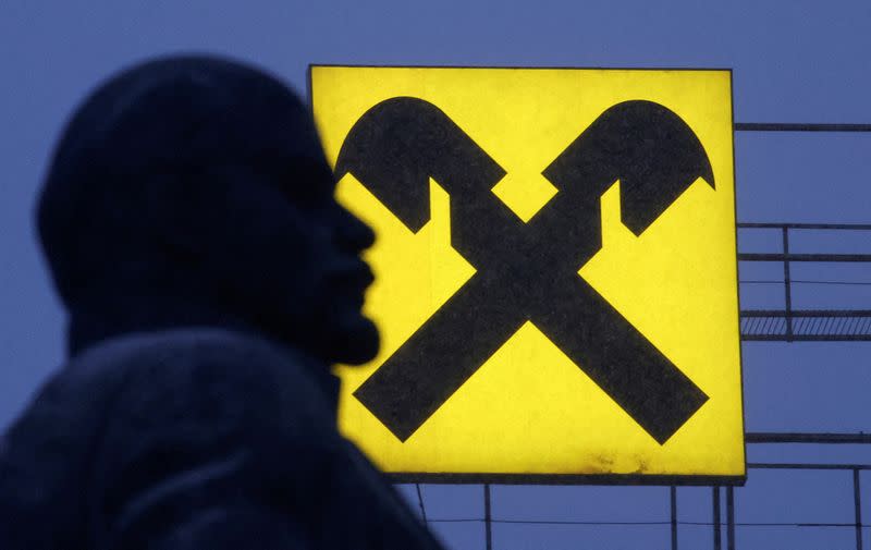 FILE PHOTO: A view shows a signboard advertising Raiffeisen Bank in Moscow