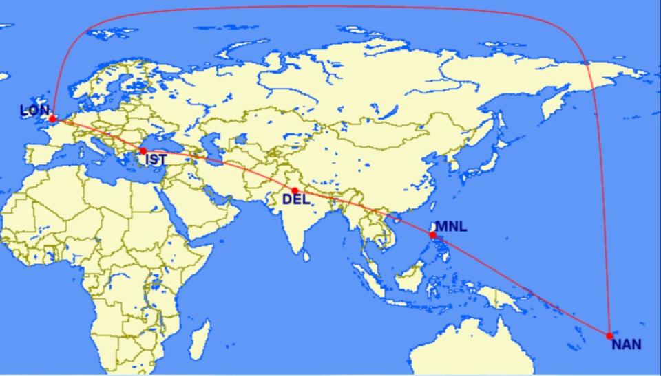 Straight lines? The ‘obvious’ straight route between London and Nandi in Fiji via Istanbul, Delhi and Manila; and the actual shortest route up and across the Arctic (Great Circle Mapper)