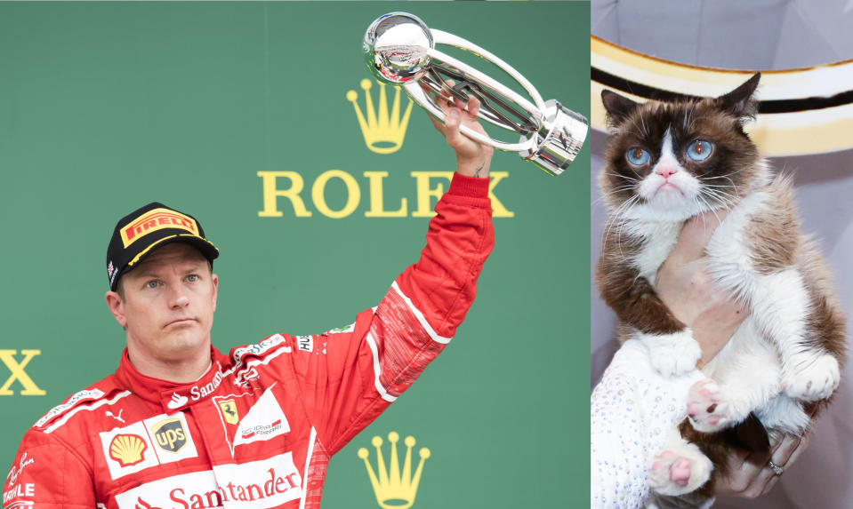 Grumpy Cat got your tongue, Kimi? One of these characters is hot favourite to smile after an F1 race this year. And it’s not the geezer with the trophy