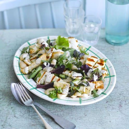 <p>This easy halloumi salad recipe is made with a houmous dressing and butter beans. </p><p><strong>Recipe: <a href="https://www.goodhousekeeping.com/uk/food/recipes/a537018/halloumi-salad/" rel="nofollow noopener" target="_blank" data-ylk="slk:Halloumi salad;elm:context_link;itc:0;sec:content-canvas" class="link ">Halloumi salad</a></strong></p>