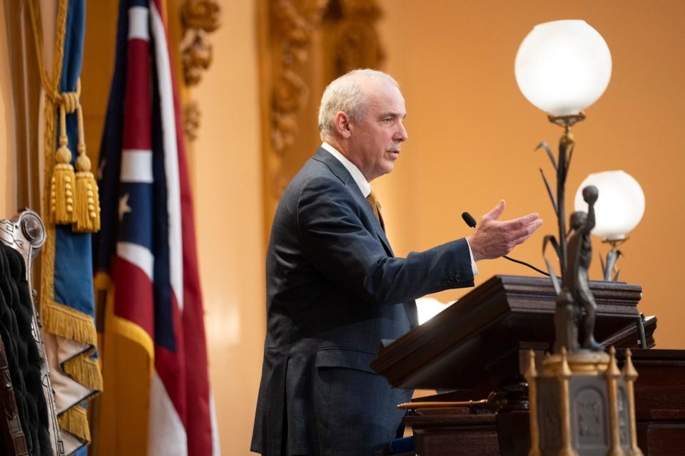 President of the Ohio Senate Matt Huffman calls on a senator during a debate before a vote on whether of not to override Gov. Mike DeWine's veto of House Bill 68.