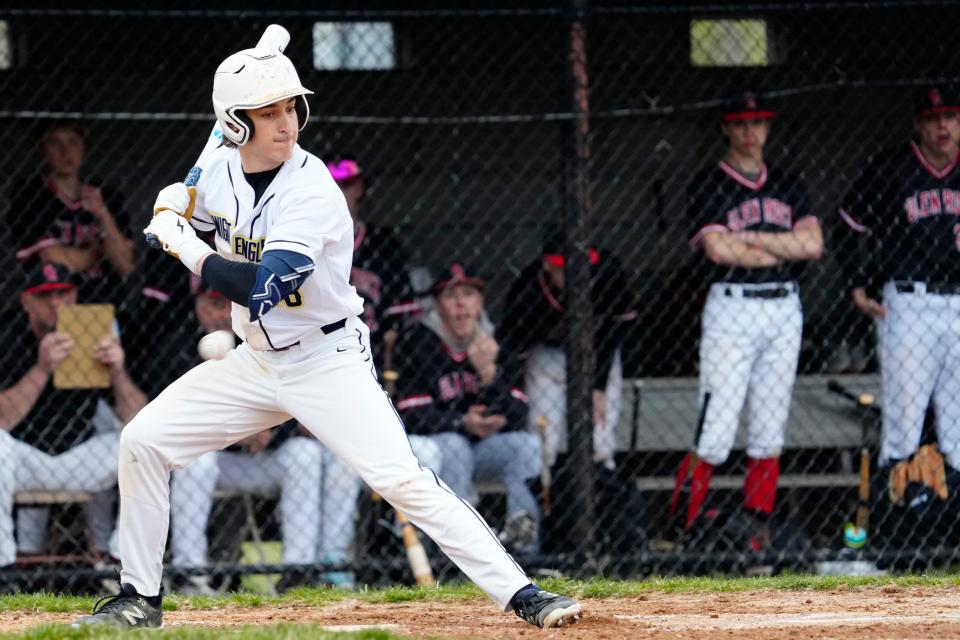 Rhys Bowie, of Dwight-Englewood reacts after getting hit by the pitch, Monday, April 1, 2024, in Ridgefield Park.