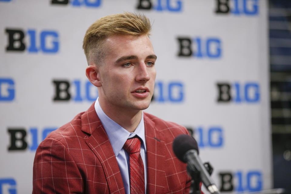 Wisconsin player Tyler Wahl speaks during Big Ten NCAA college basketball Media Days Wednesday, Oct. 12, 2022, in Minneapolis. (AP Photo/Bruce Kluckhohn)