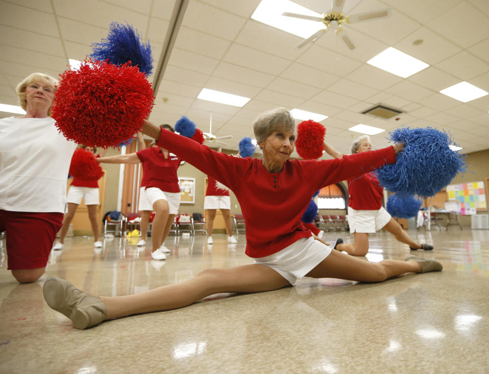 The Sun City Poms cheerleader dancers rehearse in Sun City, Arizona, January 7, 2013. Sun City was built in 1959 by entrepreneur Del Webb as America?s first active retirement community for the over-55's. Del Webb predicted that retirees would flock to a community where they were given more than just a house with a rocking chair in which to sit and wait to die. Today?s residents keep their minds and bodies active by socializing at over 120 clubs with activities such as square dancing, ceramics, roller skating, computers, cheerleading, racquetball and yoga. There are 38,500 residents in the community with an average age 72.4 years.    Picture taken January 7, 2013.   REUTERS/Lucy Nicholson (UNITED STATES - Tags: SOCIETY) FOR BEST QUALITY IMAGE SEE: GF2E9BM1CD201  ATTENTION EDITORS - PICTURE 19 OF 30 FOR PACKAGE 'THE SPORTY SENIORS OF SUN CITY' SEARCH 'SUN CITY' FOR ALL IMAGES