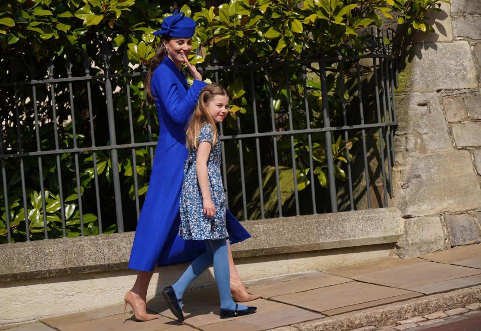 windsor, england april 09 catherine, princess of wales with princess charlotte leave after attending the easter mattins service at st georges chapel at windsor castle on april 9, 2023 in windsor, england photo by yui mok wpa poolgetty images