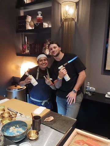 <p>Chef Sergio "el chapo"</p> Josh Allen and Chef Sergio at Sushi By Bou. Photo courtesy of Michael Sinensky/Facebook.