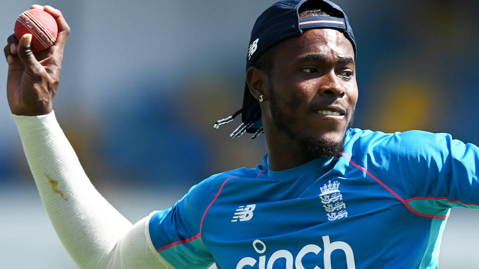 Jofra Archer throws a ball during an England training session.