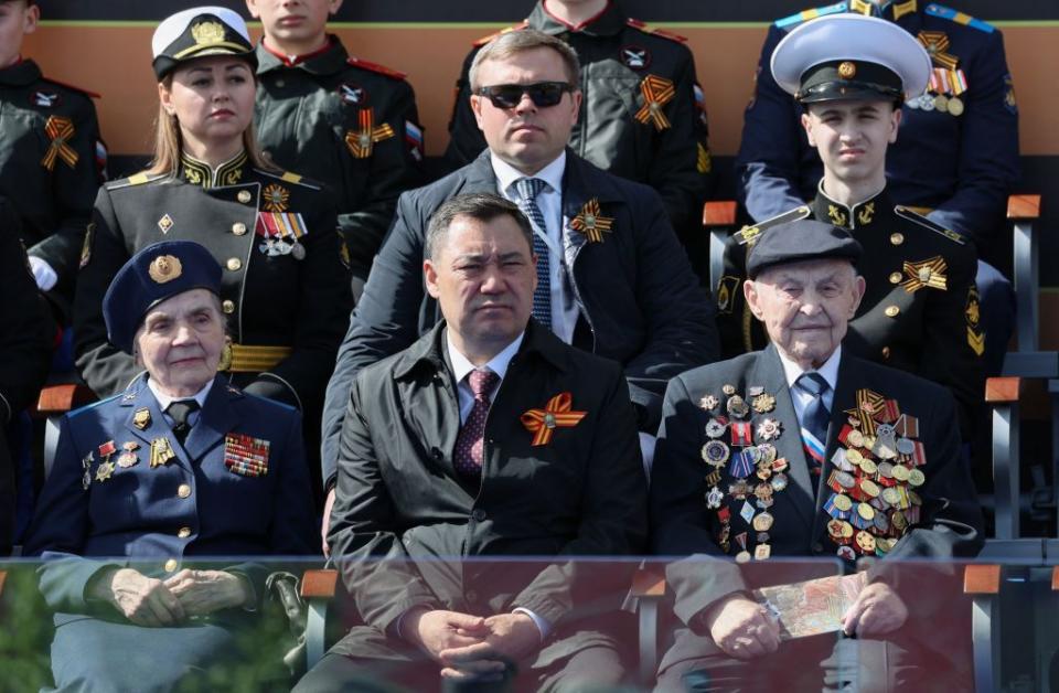 Kyrgyz President Sadyr Japarov attends the Victory Day military parade at Red Square in central Moscow on May 9, 2023. (Photo by GAVRIIL GRIGOROV/SPUTNIK/AFP via Getty Images)