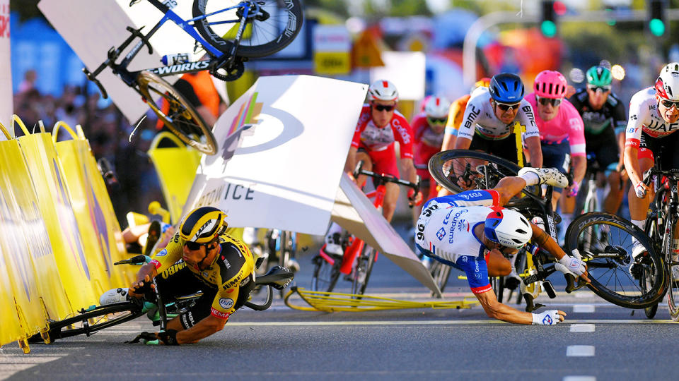 Dylan Groenewegen, pictured here crashing after the horror incident.