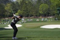 Rory McIlroy, of Northern Ireland, tees off on the fourth hole during a practice round for the Masters golf tournament on Wednesday, April 7, 2021, in Augusta, Ga. (AP Photo/Gregory Bull)