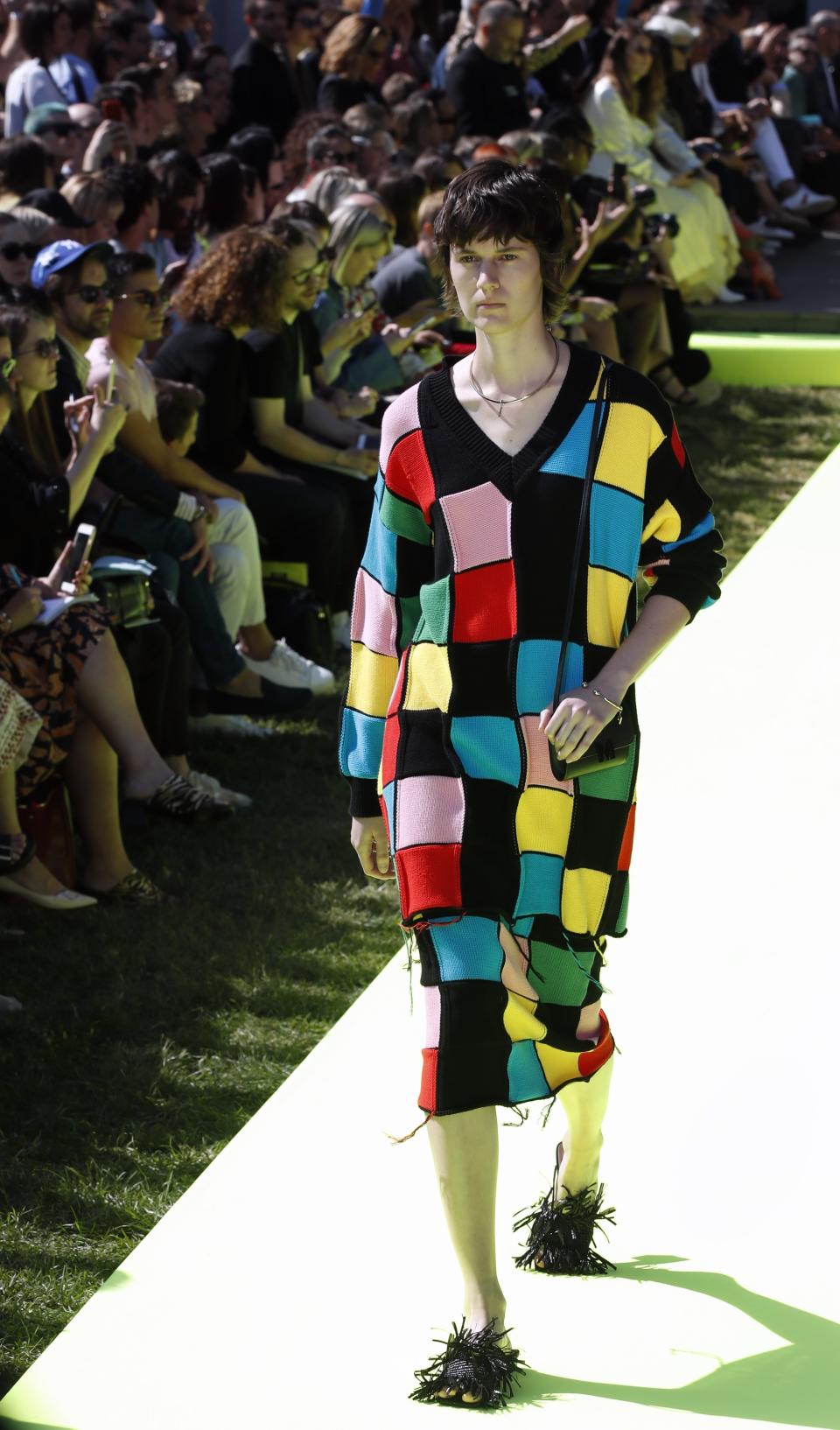 A model wears a creation as part of the MSGM Spring-Summer 2020 collection, unveiled during the fashion week, in Milan, Italy, Saturday, Sept. 21, 2019. (AP Photo/Antonio Calanni)