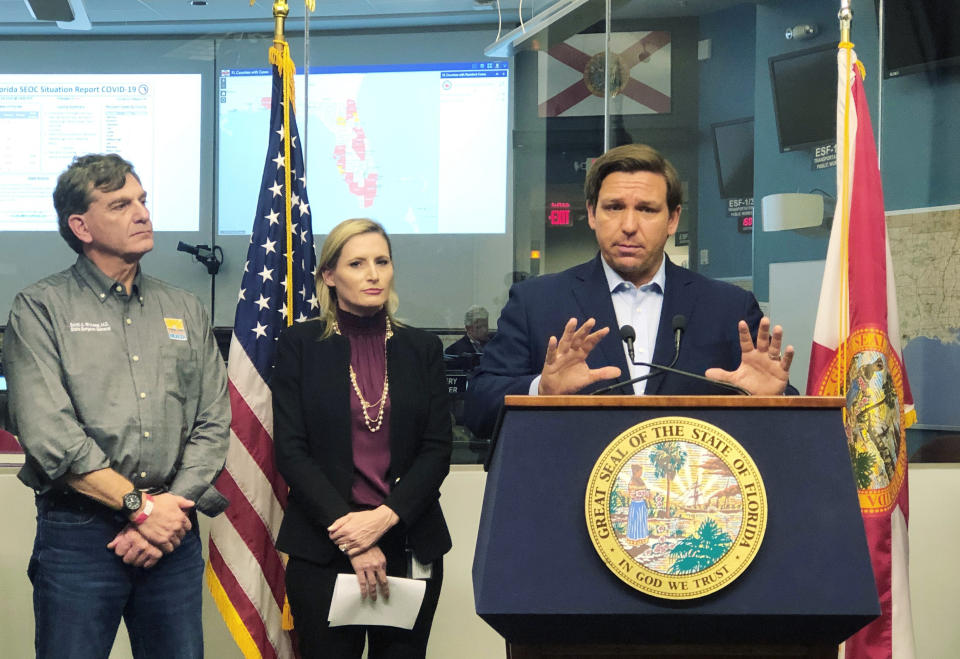 Florida Gov. Ron DeSantis speaks to reporters at the state emergency operations center in Tallahassee, Fla., Saturday, March 14, 2020. (Bobby Caina Calvan/AP)