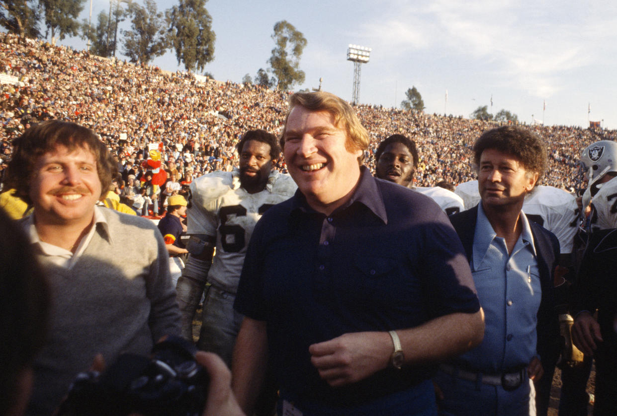 John Madden celebrates after leading the Oakland Raiders past the Minnesota Vikings to win Super Bowl XI on January 9, 1977 in Pasadena. (Photo by Focus on Sport/Getty Images)