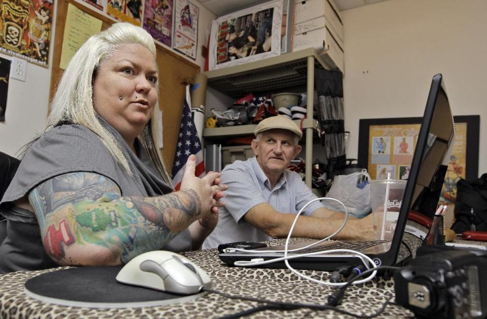 In this March 5, 2012, photo, April Catalano, right, and Richard Strawn, known as Momma and Poppa Pinup answer questions during an interview in their Ybor City studio in Tampa, Fla. (AP Photo/Chris O'Meara)