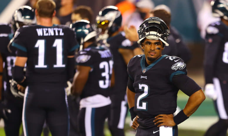 Jalen Hurts on the sidelines for the Eagles.