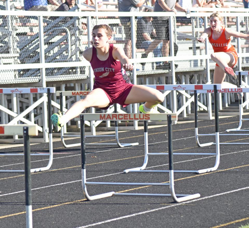 Union City's Nevada Gillons, shown here in early season action, punched her return ticket to the MHSAA State Finals in the 100 meter hurdles