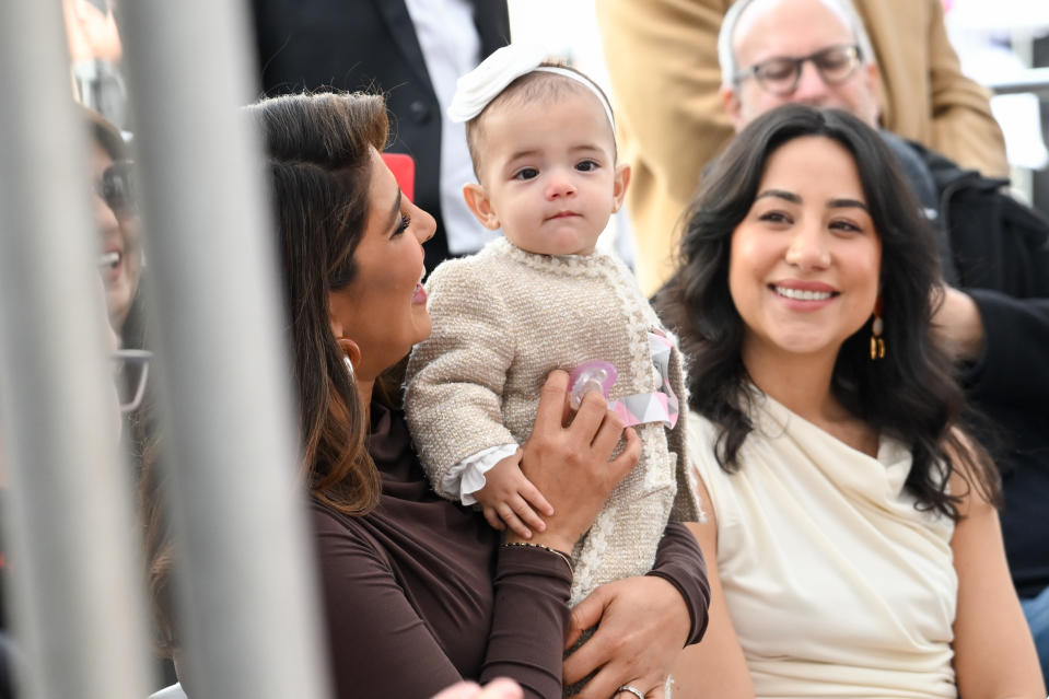 Priyanka Chopra Jonas and Malti Marie Chopra Jonas at the star ceremony where the Jonas Brothers are honored with a star on the Hollywood Walk of Fame on January 30, 2023 in Los Angeles, California