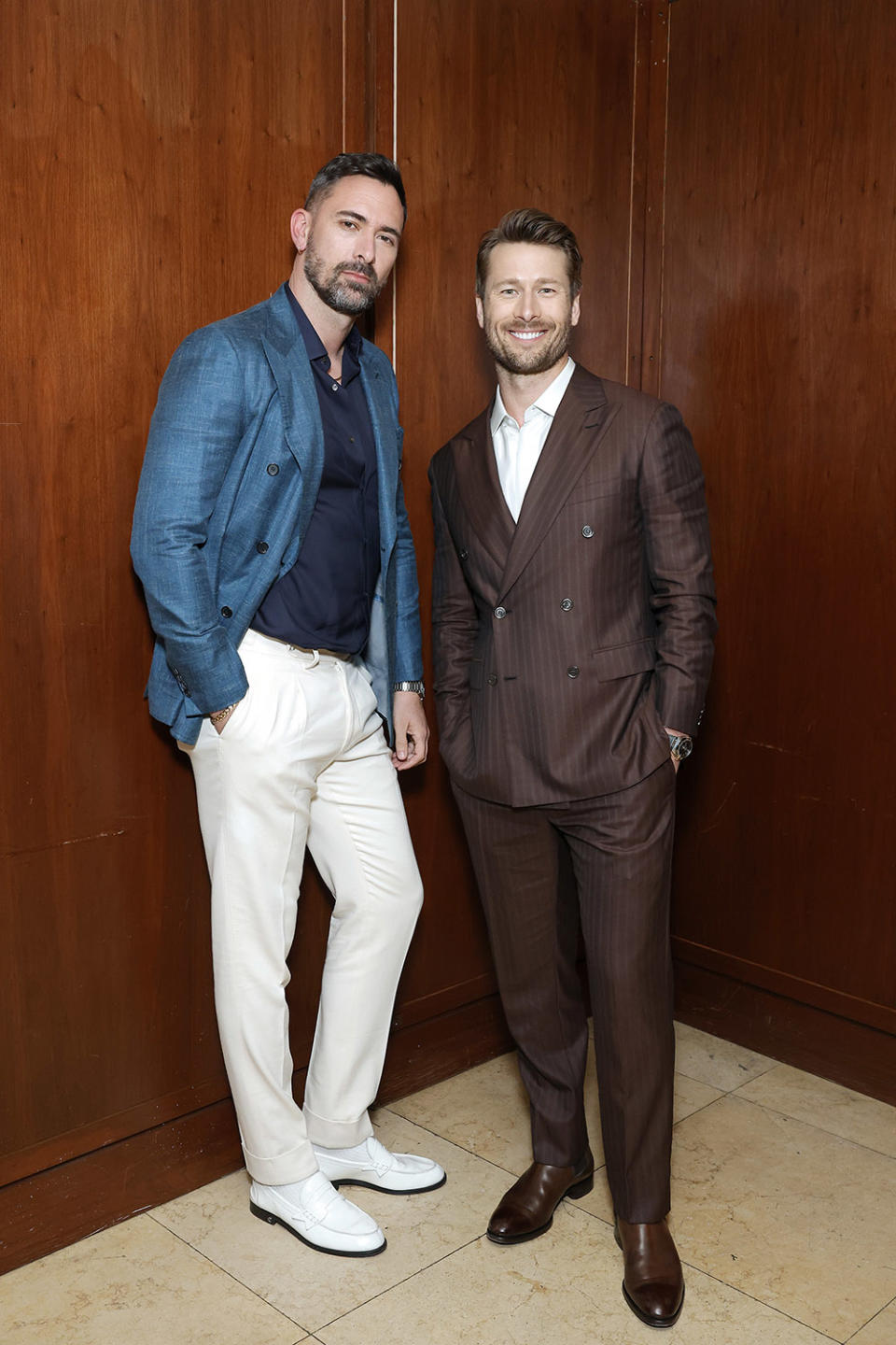 (L-R) Warren Alfie Baker and Glen Powell attend THR Power Stylists presented by Instagram at Sunset Tower Hotel on March 27, 2024 in Los Angeles, California.