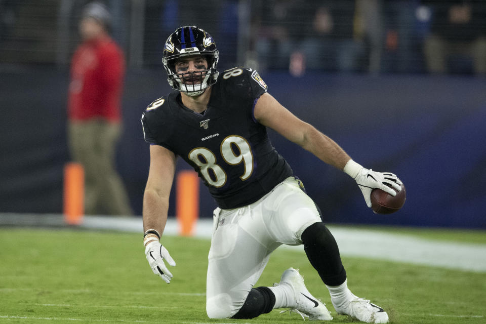 Nov 3, 2019; Baltimore, MD, USA; Baltimore Ravens tight end Mark Andrews (89) reacts after catching a second half pass against the New England Patriots at M&T Bank Stadium. Mandatory Credit: Tommy Gilligan-USA TODAY Sports