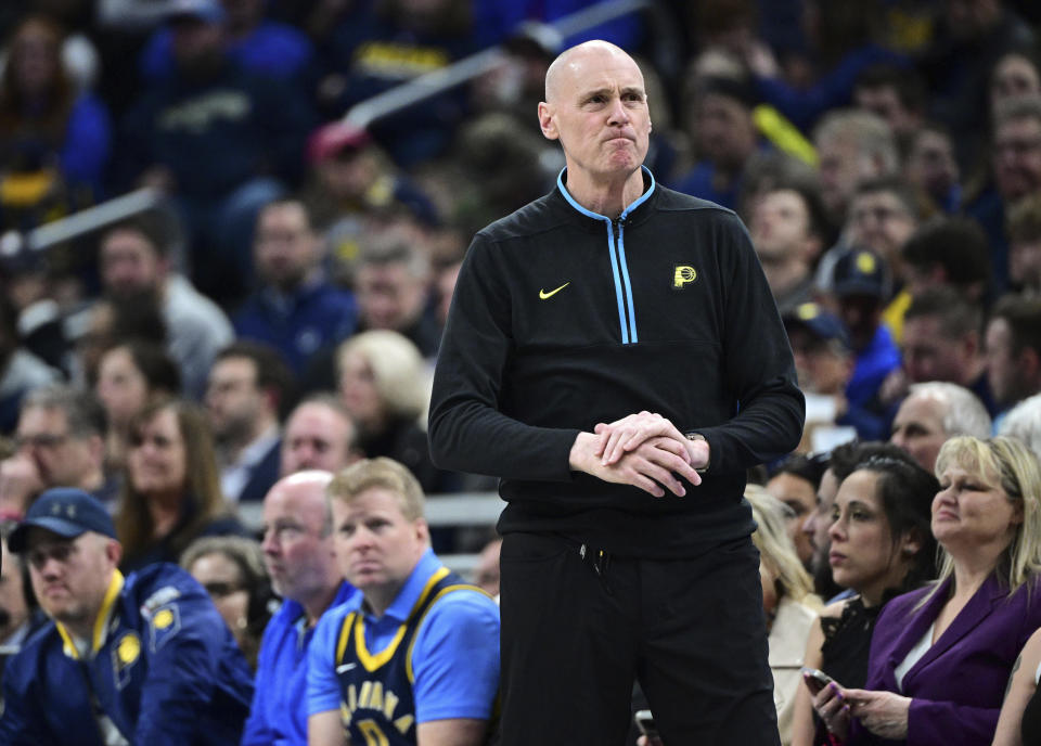 Indiana Pacers coach Rick Carlisle reacts after calling for a timeout during the first half of the team's NBA basketball game against the New Orleans Pelicans, Wednesday, Feb. 28, 2024, in Indianapolis. (AP Photo/Marc Lebryk)