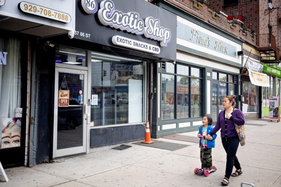 A woman and child walking by the “86 Exotic Shop” illegal dispensary in Bay Ridge. Aristide Economopoulos