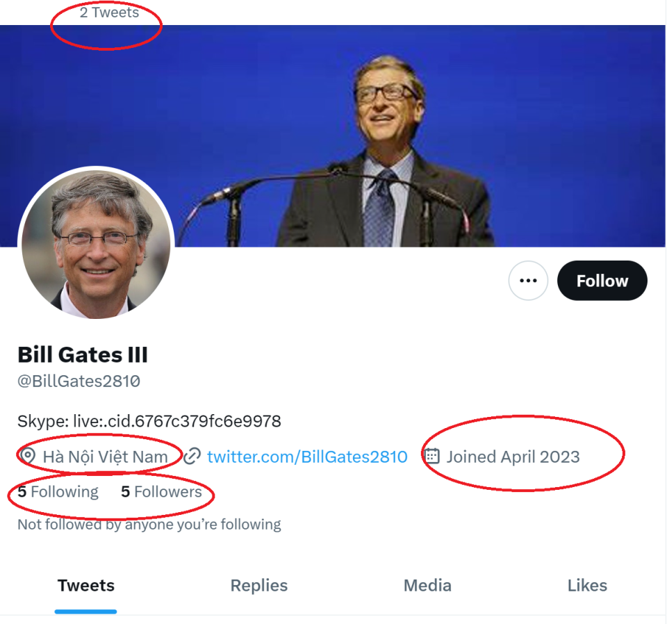 Imposter and/or bot accounts, like this Bill Gates profile on Twitter, is even using the Microsoft co-founder’s real picture – but there are obvious red flags here.