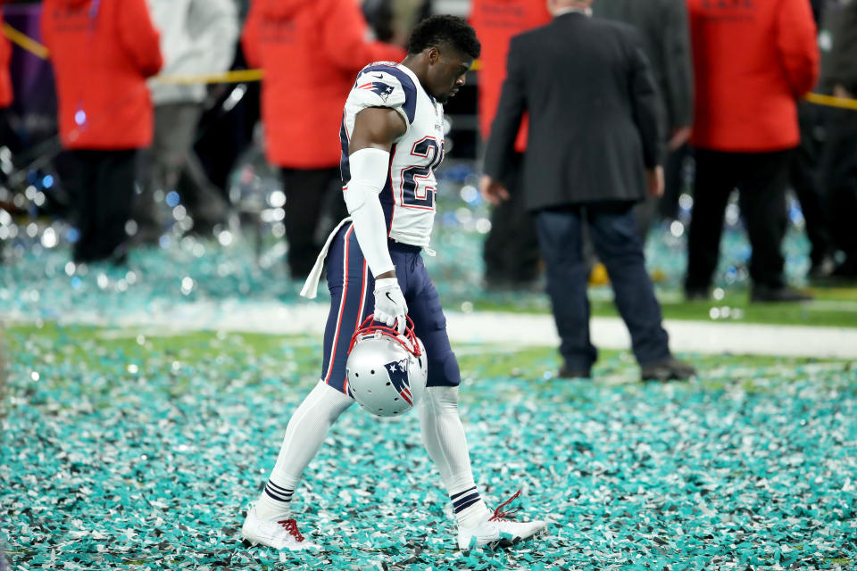 <p>Johnson Bademosi #29 of the New England Patriots reacts after losing to the Philadelphia Eagles 41-33 in Super Bowl LII at U.S. Bank Stadium on February 4, 2018 in Minneapolis, Minnesota. (Photo by Andy Lyons/Getty Images) </p>