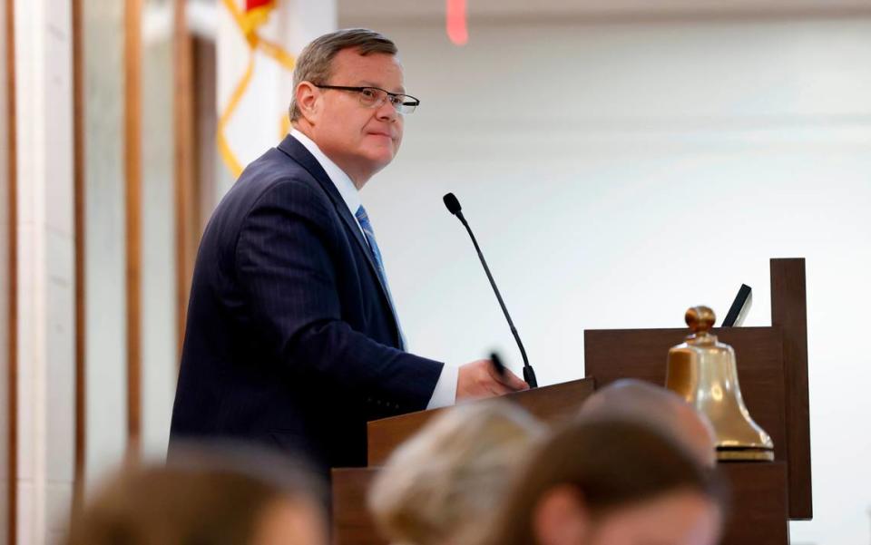 North Carolina House Speaker Tim Moore presides over the N.C. House session in Raleigh, N.C., Wednesday, June 21, 2023.