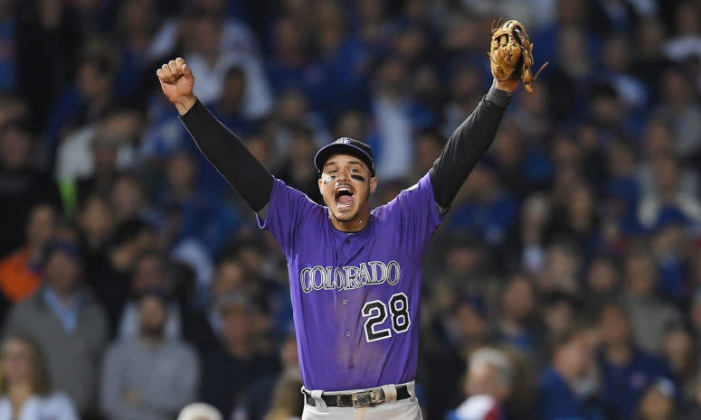 Nolan Arenado celebrating a Rockies victory.