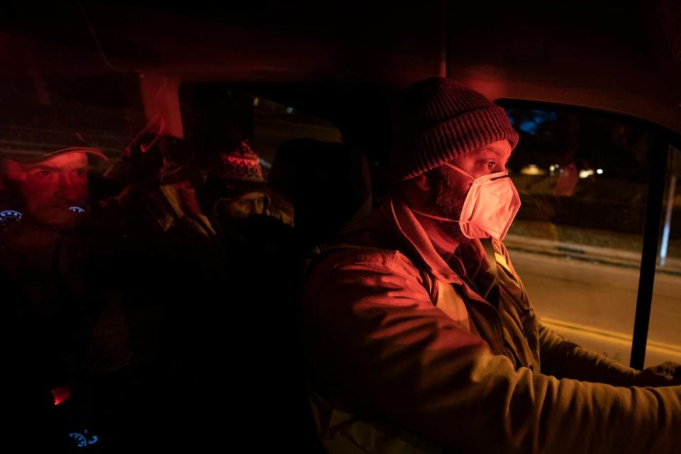 Upkar Singh Tatlay drives unhoused people from an overnight shelter in Surrey, B.C., to a daytime warming trailer in the neighbouring city of White Rock during the recent cold snap.  (Ben Nelms/CBC - image credit)