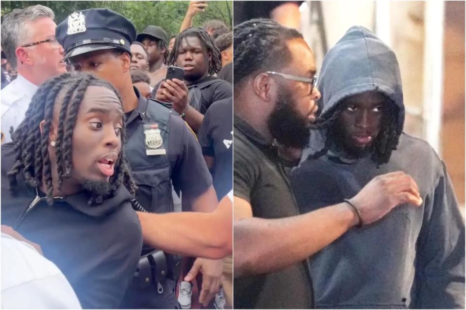 在紐約聯合廣場送PS5引發暴動的網紅希納4日被捕（左）與5日獲釋（右）。翻攝nypost.com